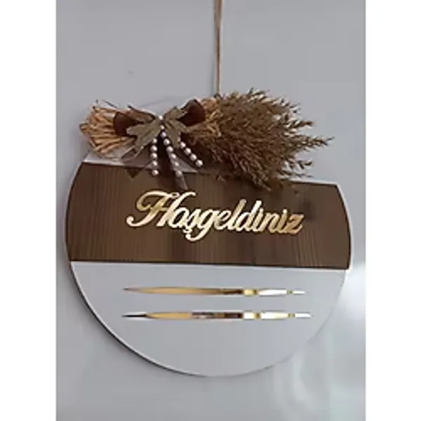 Hoşgeldiniz Yazılı Aynalı Pleksi Ahşap Kapı Süsü (BeyazKahve)