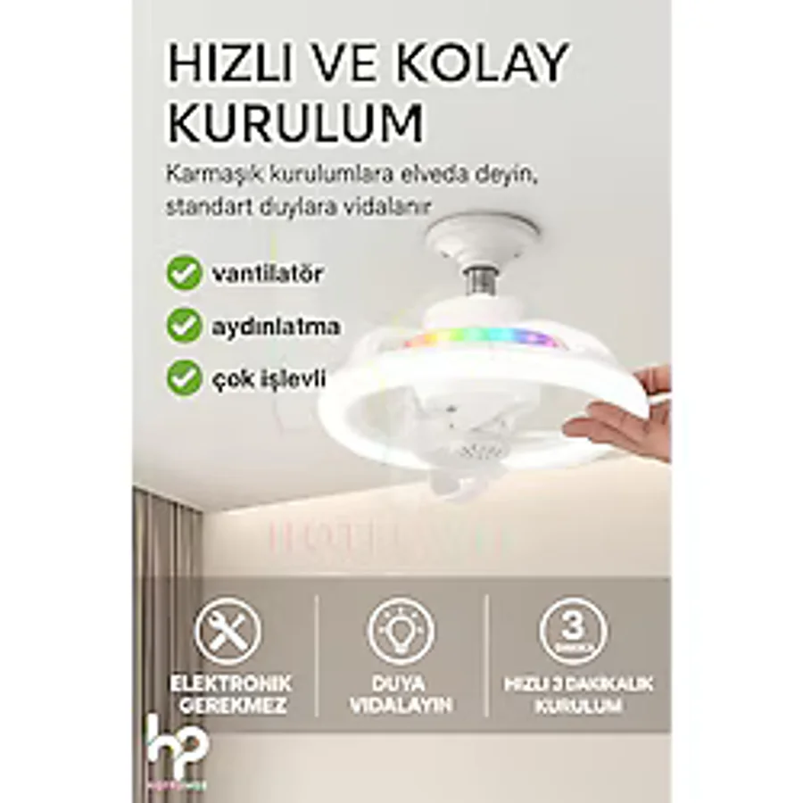 Hot Power 360° Dönebilen E27 Tavan Vantilatörü Ampul LED Işık Uzaktan Kumandalı Rgb Renkli Kısılabilir Vantila - Beyaz