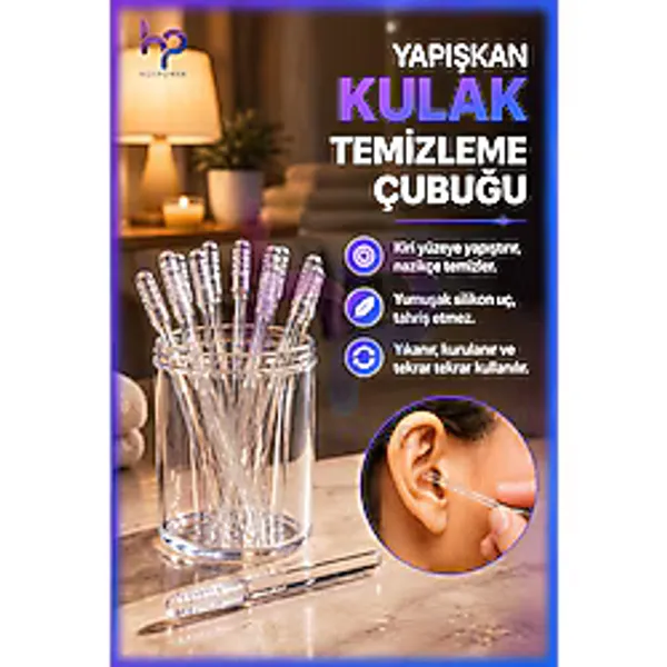 HOT POWER Yapışkan Silikon Uçlu Kulak Temizleme Çubuğu 24'lü Yıkanabilir Tekrar Kullanılabilir Hijyenik Çubuk