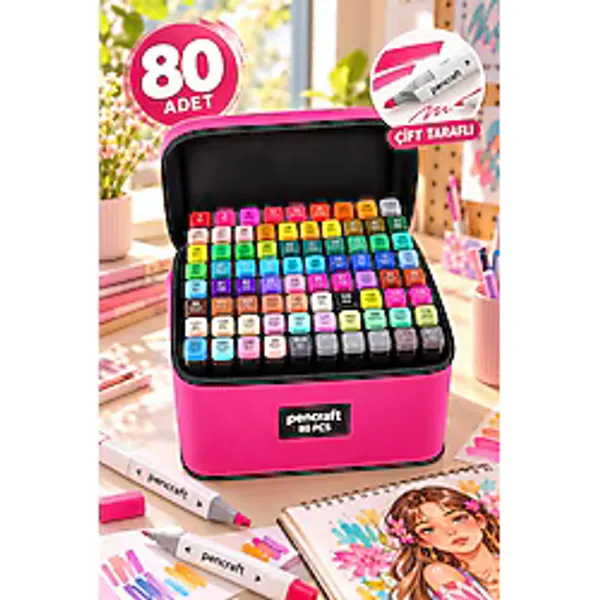 House Bird Pencraft Pembe Çantalı Standlı 80'li Çift Taraflı Profesyonel Marker Kalem Seti