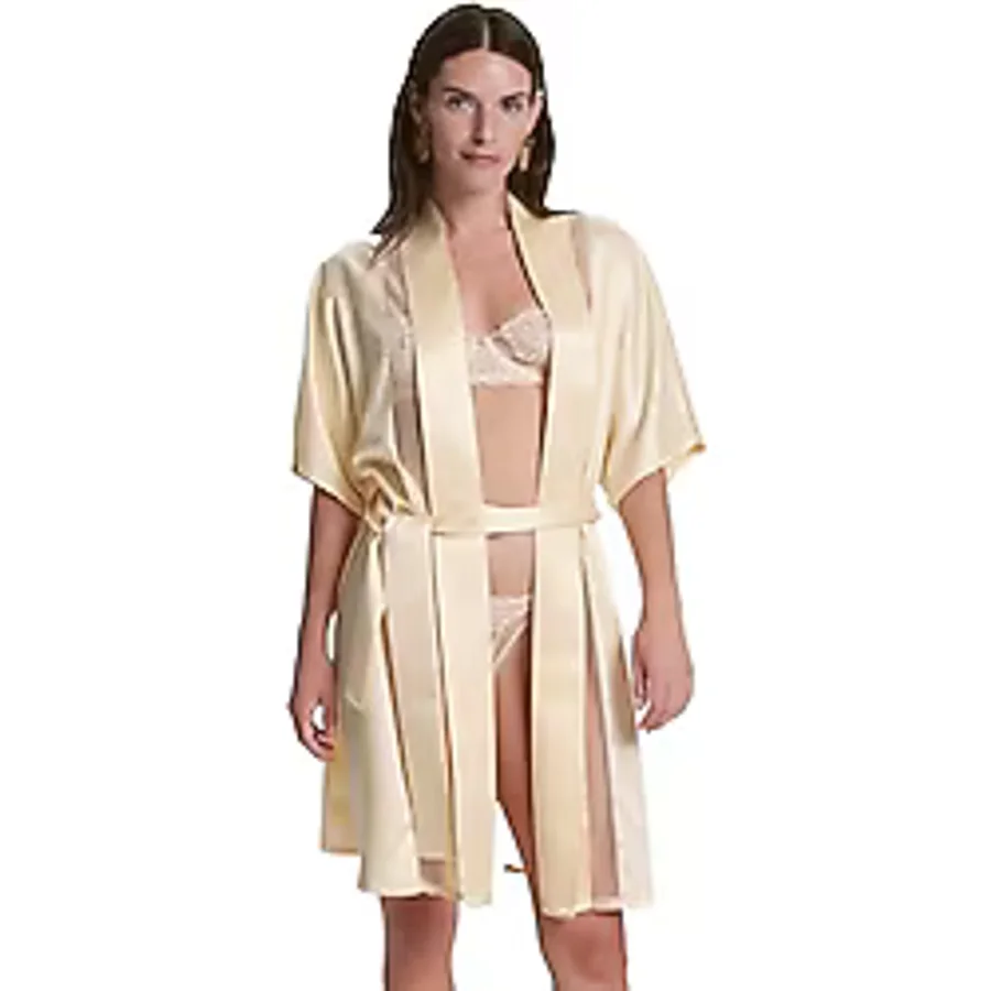 House of Silk Jasmine İpeksi Saten Tül Detaylı Sabahlık Kadın Sabahlık, Bej, STD