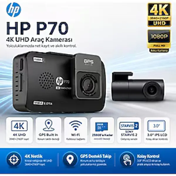 HP Araç İçi Ön ve Arka Kamera P70 Black, HD Araçiçi Kamera, G Sensörlü, Wi-Fi Destekli (Resmi Distribütör Garantili)