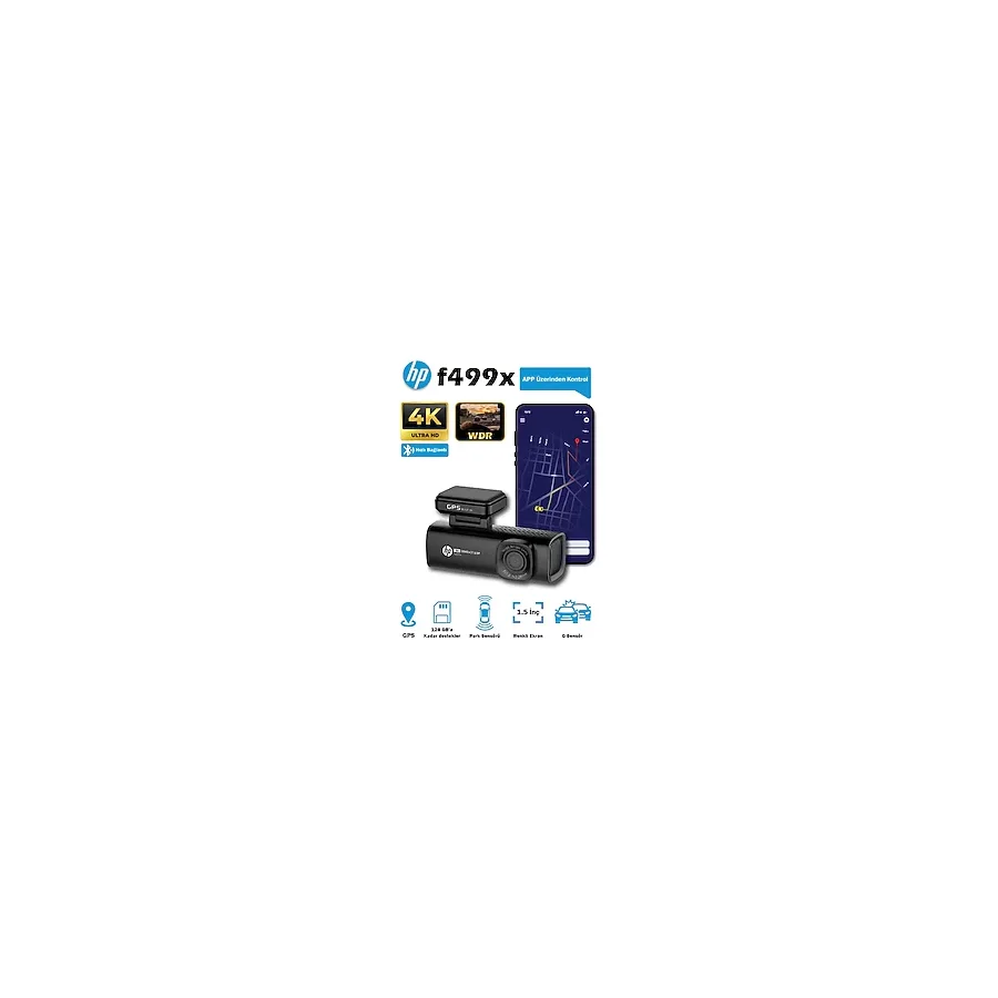 Hp F499X 4K Ultra Hd Akıllı Araç Içi Kamera - Dahili Gps'li, 1.5" LCD Ekranlı, Wi-Fi Telefon Bağlantılı, Wdr Gece Görüşlü ve G-Sensörlü Oto Kamera