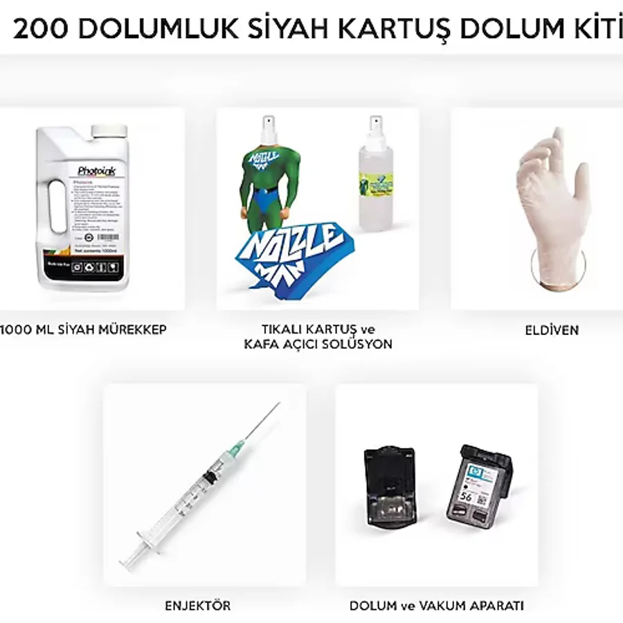 HP Officejet k80 / k80xi 200 Dolumluk Siyah Kartuş Dolum Seti