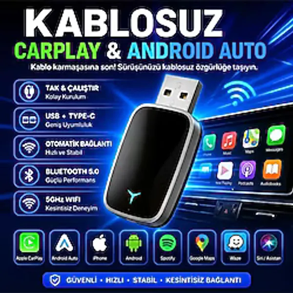HPYTECH Kablosuz CarPlay Android Auto Dönüştürücü USB & Type-C Mini Adaptör Wireless CarPlay Dongle Tak Çalıştır Bluetooth 5.0 5GHz WiFi iPhone & Android Uyumlu