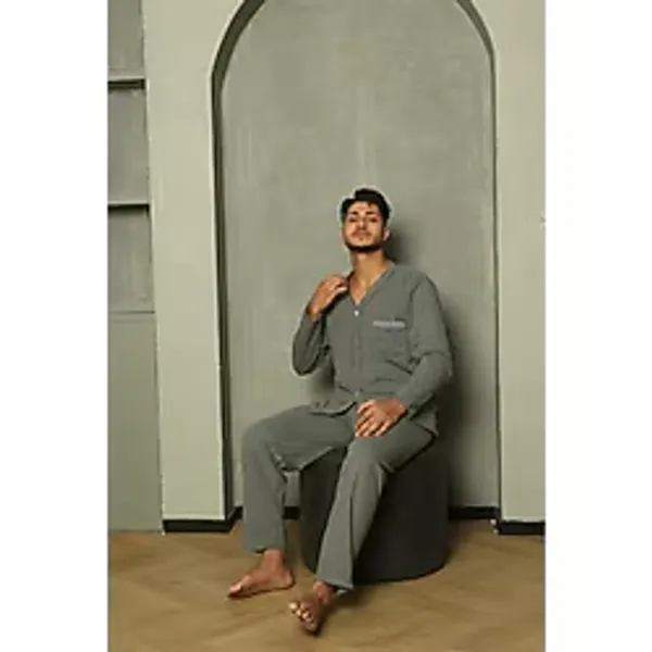 Huq Moda Penye Pijama Takımı, L, poplin, füme, erkek