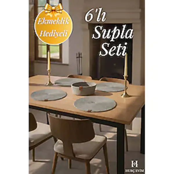 HURCEVİM 6 Adet Antrasit Jüt Supla Amerikan Servis Lux Tabak Altlığı + Ekmeklik Hediyeli