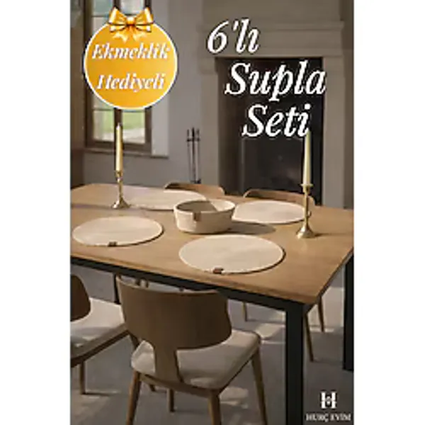 HURCEVİM 6 Adet Krem Jüt Supla Amerikan Servis Lux Tabak Altlığı + Ekmeklik Hediyeli