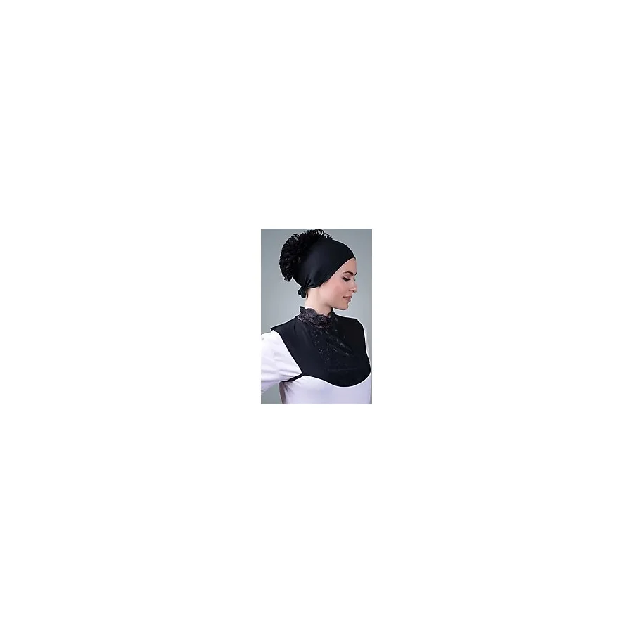Hürrem Bone Siyah Tesettür Boyunluk Viskon Kumaş Göğüs Dantelli 1005_01
