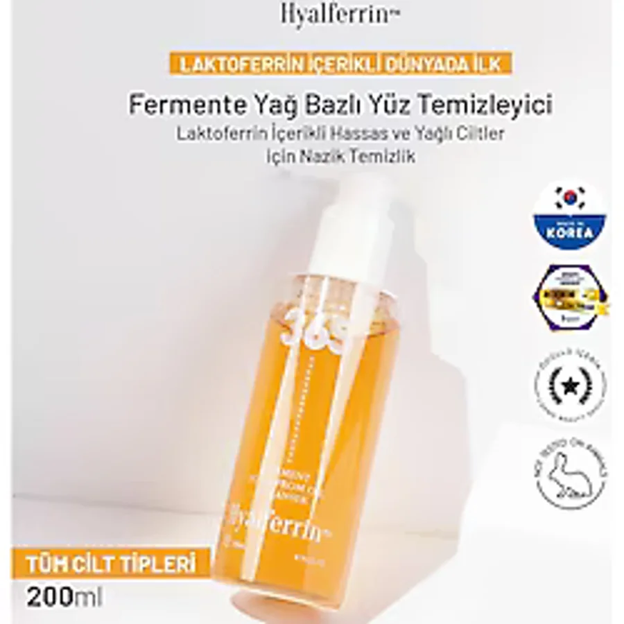 Hyalferrin Yüz Temizleme Jeli Fermente ve Yağ Bazlı Laktoferrinli Çift Aşamalı Temizlik Kore Cilt Bakımı Makyaj Temizleyici 200 ml