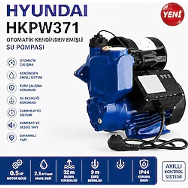 Hyundai Hkpw371 Otomatik Kendinden Emişli Su Pompası 0.5 Hp Hidrofor Bahçe Su Motoru