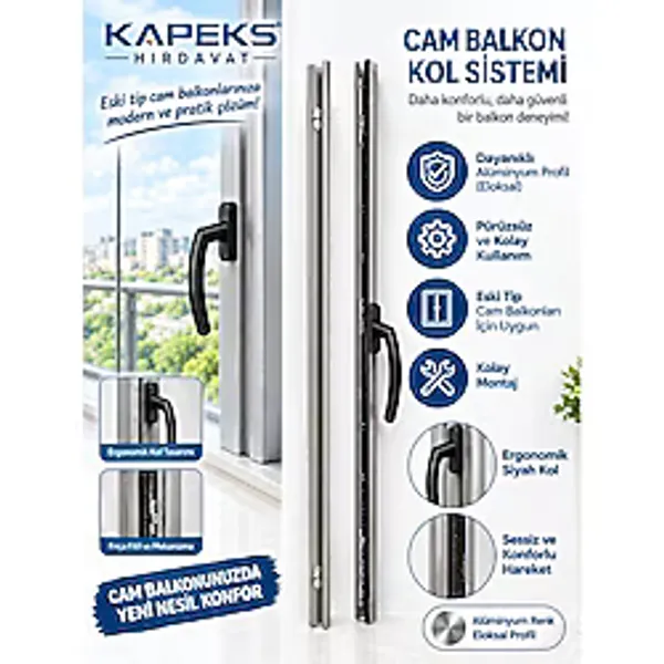 Hzm Collection Cam Balkon Kollu Sistem Max Ölçü 150 cm Yeni Nesil Cam Balkon Kollu Kilit 8 mm İçin - Sürgülü Cam Balkon Kilidi Istediğiniz Ölçüde
