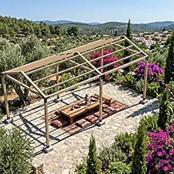 İ-Ahşap Iahşap Altı Direkli İzmir Çatılı Modern Bahçe Pergola Çok Renkli