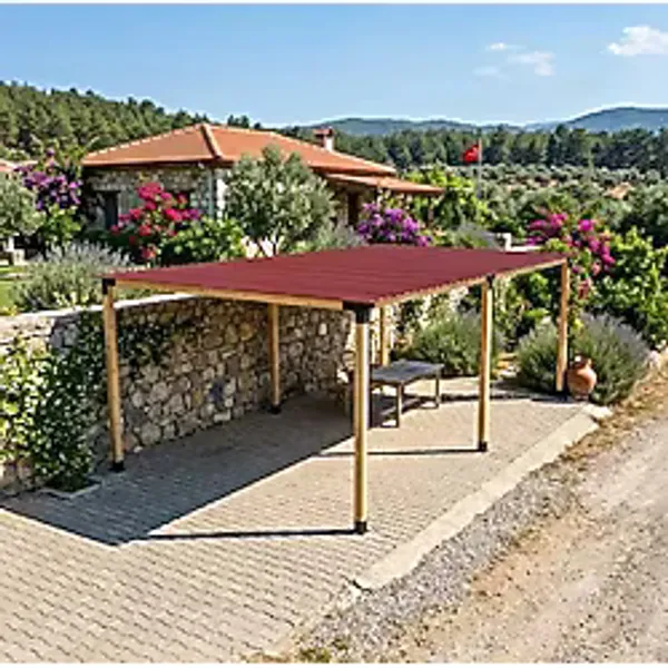 İ-Ahşap Iahşap Altı Direkli Trapez Saç Kaplı Büyük Boy Pergola Çok Renkli
