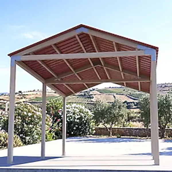 İahşap Altı Direkli İzmir Çatılı Trapez Saç Kaplı Büyük Boy Pergola