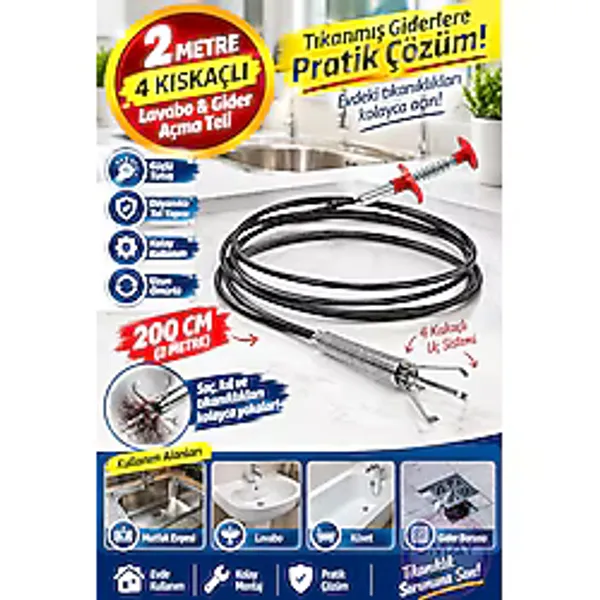 ibico 2 Metre Lavabo Açma Teli Tıkalı Banyo Lavabo Deliği Gider Boru Açma Teli (4 Kıskaçlı)