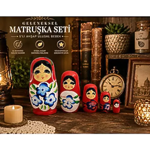 İç İçe Geçen Dekoratif Oyuncak 5'li Ahşap Matruşka Rus Bebek Seti El Boyama Ev Dekoru Hediye KIRMIZI