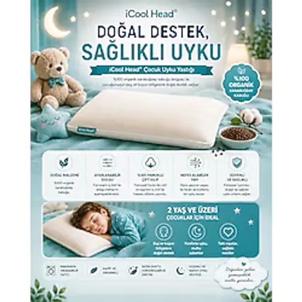 iCool Head Organik Karabuğday Kabuğu Dolgulu Çocuk Yastığı, Bebek Yastığı, Çocuk Baş Boyun Destek Yastığı, Uyku Yastığı (2 Yaş+)