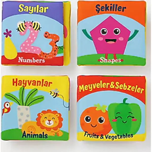 İdexal 4 Lü Eğitici Bebek Kumaş Kitabı Seti-Sayılar,Şekiller,Hayvanlar,Meyveler-İlk Gelişim Kitabı-Hışırtıl