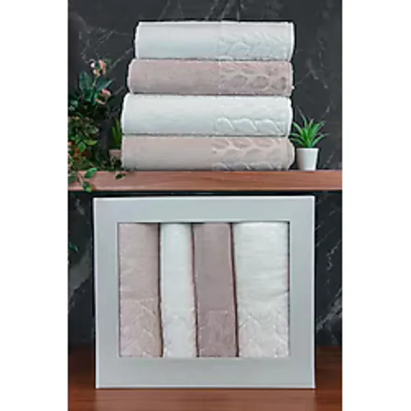 İhvan Online Hazal %100 Pamuklu Kutulu 4'lü Banyo Havlu Seti Hamam Takımı 50x90 - 90x150 Bej-Krem - 00081