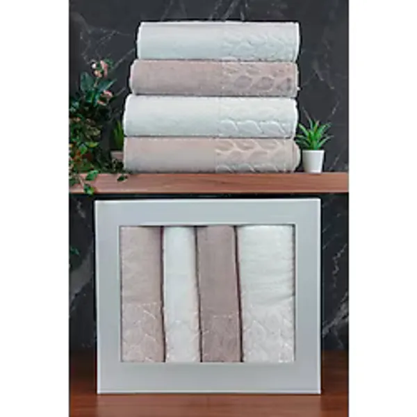 İhvan Online Hazal %100 Pamuklu Kutulu 4'lü Banyo Havlu Seti Hamam Takımı 50X90 - 90X150 Bej-Krem - 00081 - Renkli