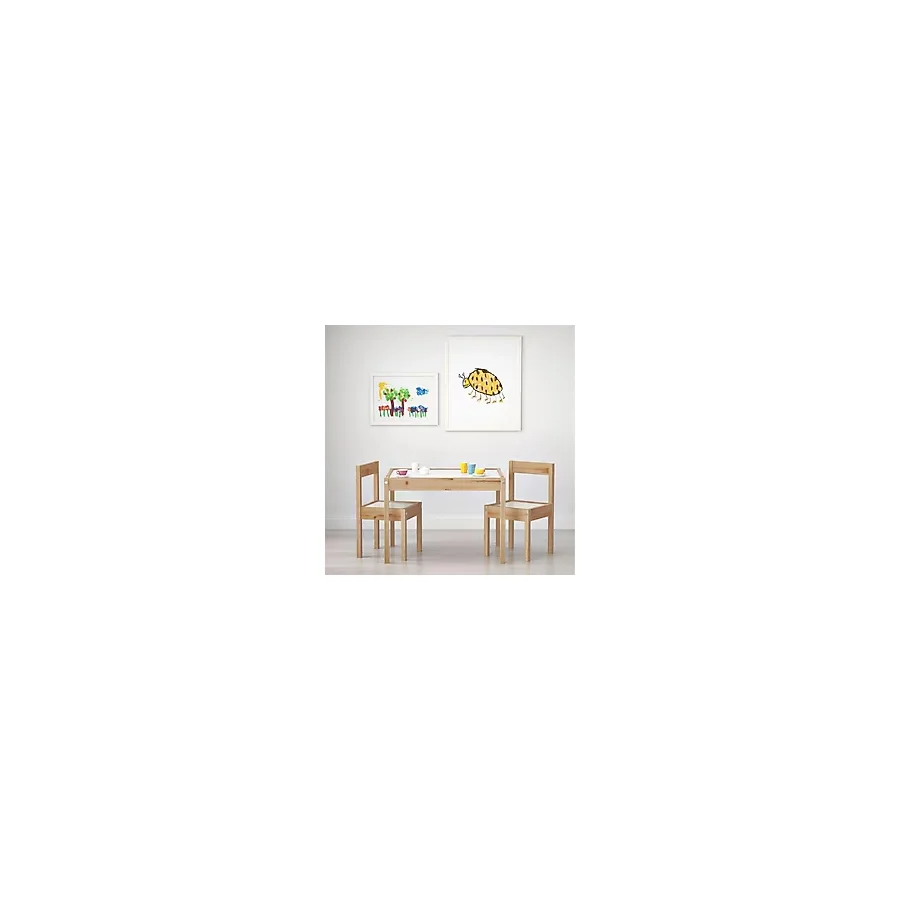 IKEA Latt Beyaz-Çam Çocuk Masa - Sandalye Seti 3 Parça Set Modern Ahşap Tasarım - Beyaz - Naturel Ahşap