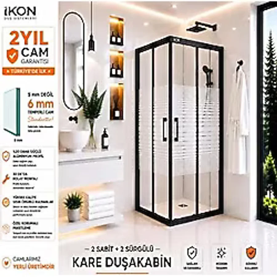 İkon Duş Sistemleri Kare Siyah Buzlu Cam Duşakabin