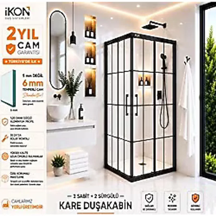 İkon Duş Sistemleri Kare Siyah Karolaj Cam Duşakabin