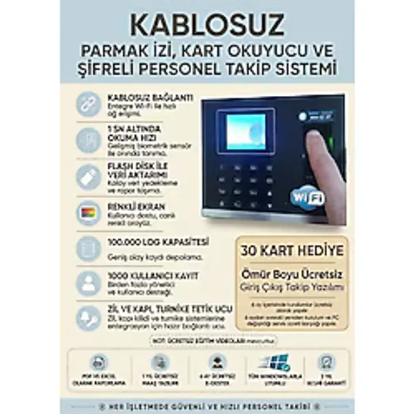İmpro Zaman Parmak Izi Okuyucu ve Kart Okuyucu +Şifre+ Maaş Mesai Hesaplama Programı Dahil + Zil ve Turnike Tetikli