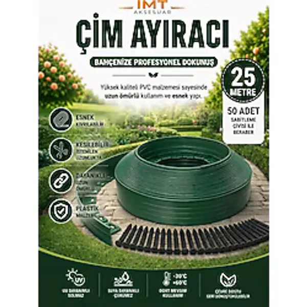İMT AKSESUAR Esnek PVC Çim Ayırıcı Bahçe Peysaj Düzenleyici 25 Metre Yeşil Çim Sınırlayıcı Esnek Plastik Taş Toprak Ayraç Bariyer Peyzaj Bordürü