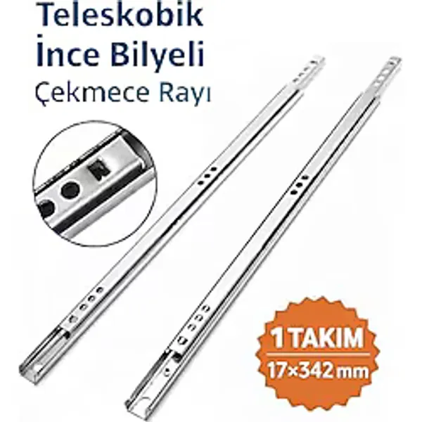 İMT AKSESUAR Teleskobik İnce Bilyeli Bilyalı Dolap Çekmece Rayı Sürgüsü 17 x 342 mm 1 Takım (Sağ-Sol) Metalik