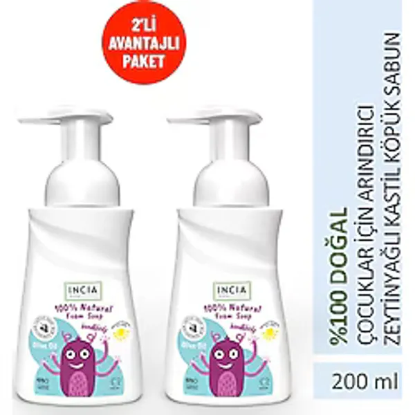 INCIA %100 Doğal Köpük Kastil Sabunu Çocuklar İçin Zeytinyağlı 10 Bitkisel Değerli Yağ Vegan 200 ml X2 Adet