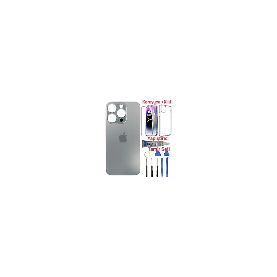 indirimplus iPhone 15 Pro Arka Kapak Pil Kapağı Cam Ürün NATUREL TİTANYUM RENK FULL SET