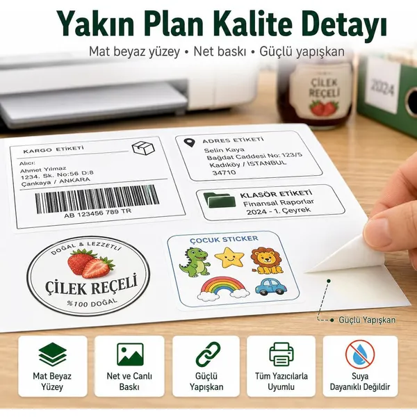 Inkjet Ve Laser Uyumlu Sticker Güçlü Yapışkanlı A4 Etiket Kağıdı MAT YÜZEYLİ 120gsm (100 yaprak)