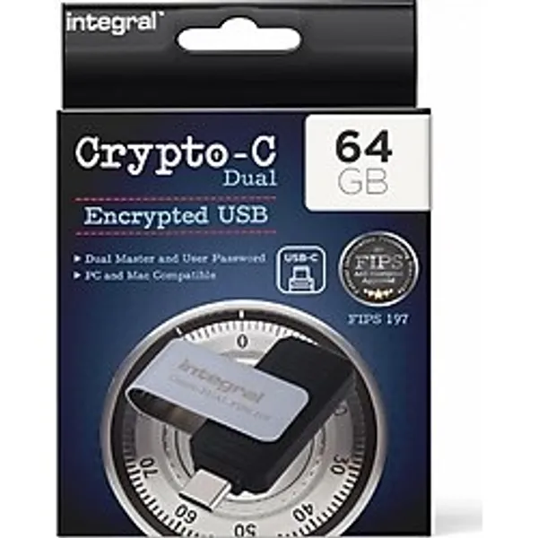 İntegral Integral Entegre 64 GB Crypto-C Çift Şifreli USB Flash Bellek Çubuğu, Güvenli Çift Şifreli Aes-Xts 256-BIT Donanım Şifreli USB 3.2, Fıps 197 Sertifikalı - Mac, Macbook, PC, Dizüstü Bilgisayar