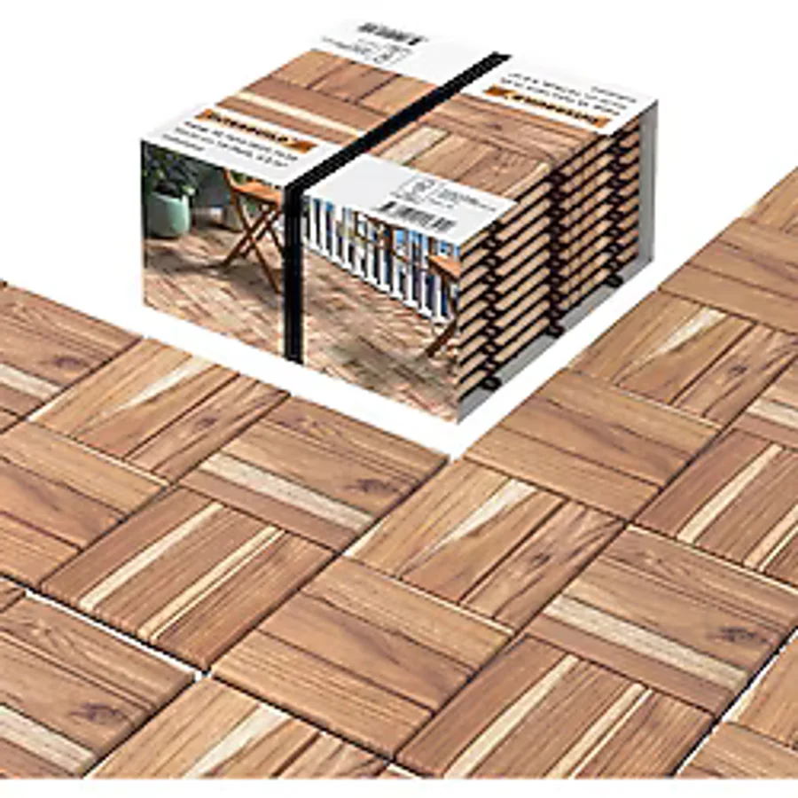 INTERBUILD REAL WOOD Interbuild "gerçek Tik".ahşap Karo Deck.yüzeyi Işlenmemiş. 30x30 Cm (10'lu Paket) ,12 Çıtalı