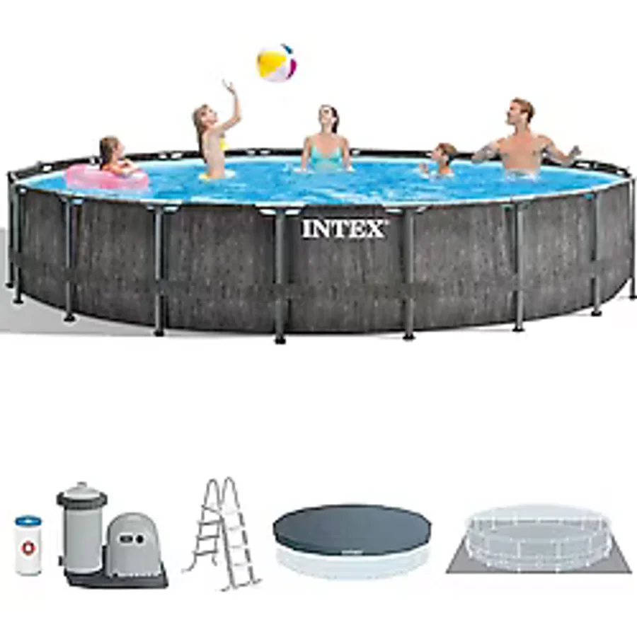İntex 26744NP Greywood Yuvarlak Prefabrik Aile Havuzu 549x122cm Filtre+Merdiven+Örtü Set