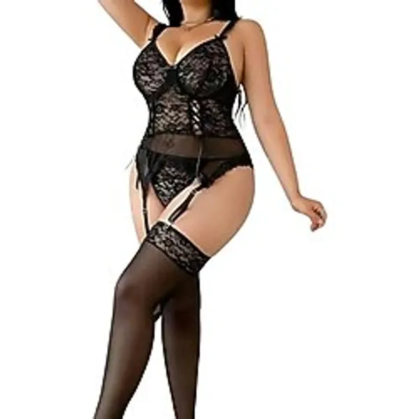 Intive Curvy Siyah Dantelli Bağlama Detaylı Transparan Büstiyerli Jartiyer Takım
