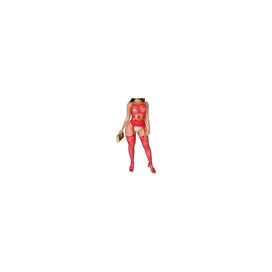 İntive Lingerie Kadın Kırmızı Jartiyerli Göbek Detaylı Ağı Açık Vücut Çorabı- 3019 Kırmızı Standart