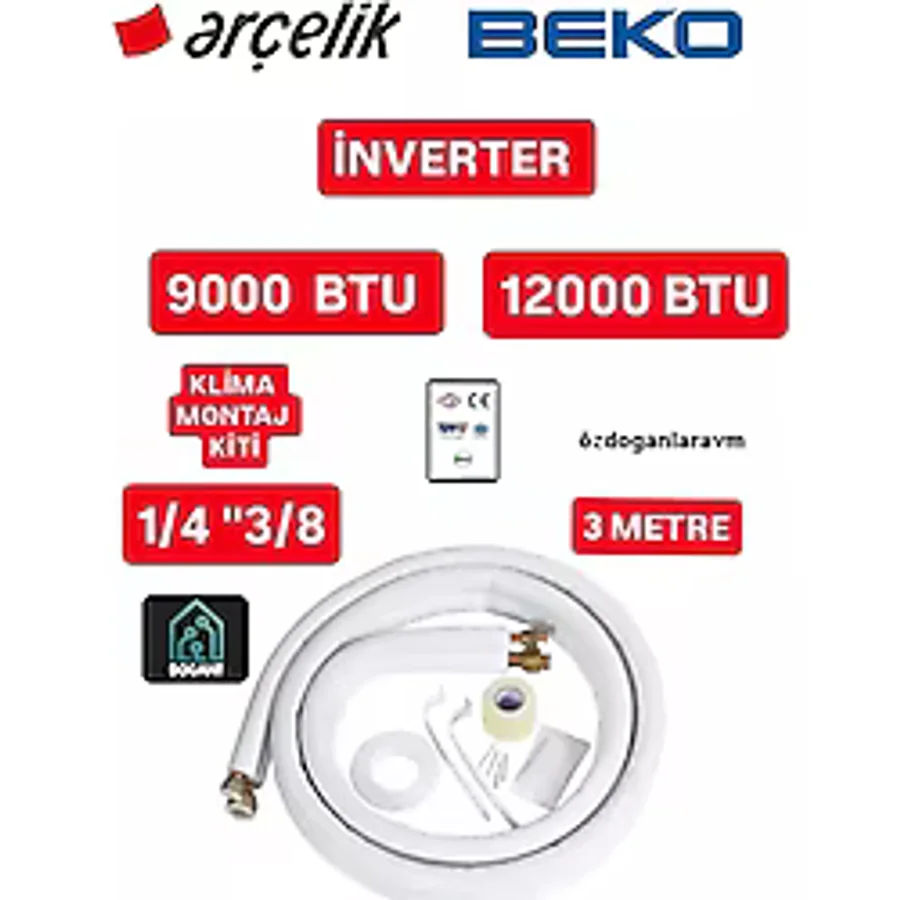 İnverter 9000 Ve 12000 Btu Klima Montaj Seti Kiti 1/4 - 3/8 3 Metre