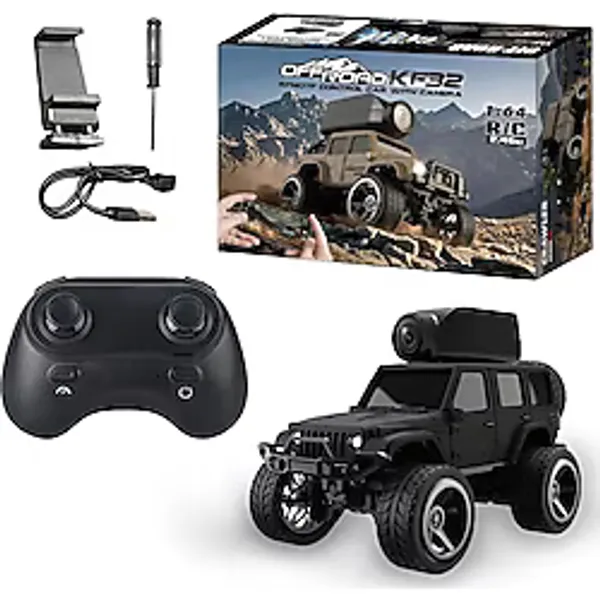 İnwelt Mini Kamera Arabalı RC Off-Road Araç KF32 1:64, FPV Canlı Görüntü Aktarımı, Uygulama Kontrollü Uzaktan Kumandalı, Tırmanıcı Güçlü Motorlu Oyuncak Araba, Uzun Pil Ömrü Hediyelik - Siyah