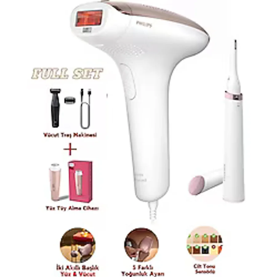 Ipl Lazer Epilasyon Cihazı, 2 Akıllı Başlık (Vücut ve Yüz Başlığı), + Tüy Alma Cihazı +Tıraş Makinesi + Lambader (Onerous) - Beyaz