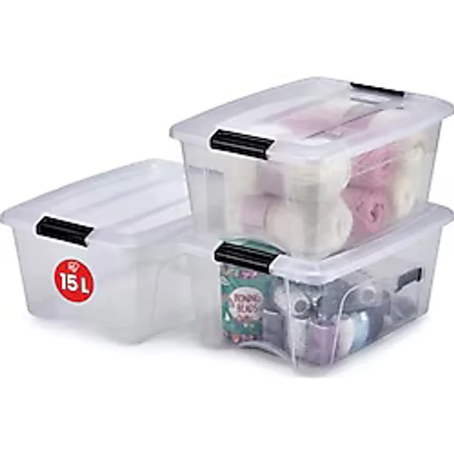 Iris Ohyama, 3'lü set istiflenebilir saklama kutusu, klik kilitli - New Top Box NTB-15 - plastik, şeffaf, 3 x 15 l, U 39,5 x G 29 x Y 18,6 cm
