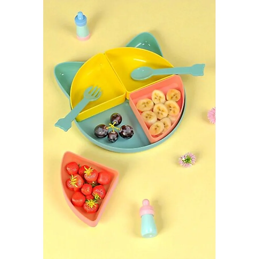 İronika Kitty 7 Parça Kedicik Model Çocuk Bebek Çatal Kaşık Tabak Yemek Beslenme Seti Mama Tabağı - Sarı Sarı