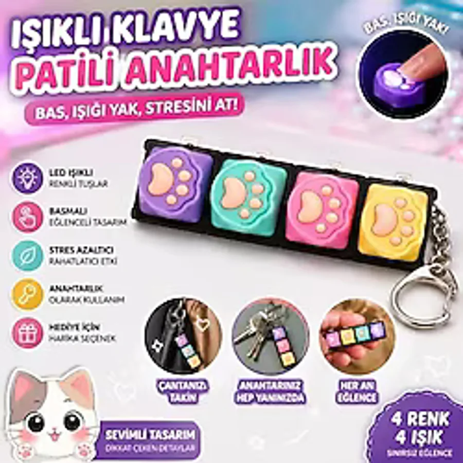 Işıklı Klavye Patili Oyuncak Stres Giderici Ses Çıkaran Işıklı Pilli Tuş Takımı Anahtarlık Oyunu