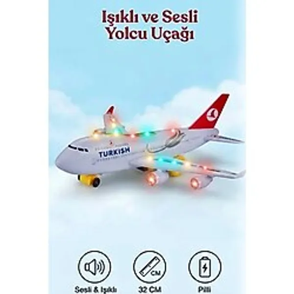 Işıklı Ve Sesli Thy Yolcu Uçağı İniş Takımı Model Kuyruklu 32 Cm Kaliteli Eğlenceli Oyuncak Uçak