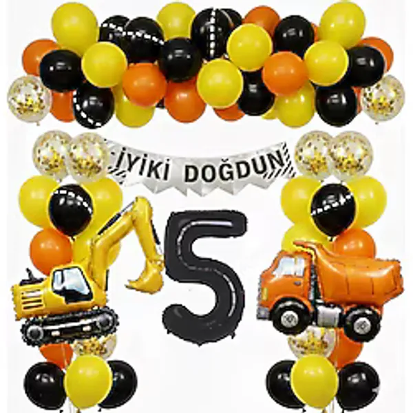 Işıltı Balon Dükkanı İnşaat Temalı Doğum Günü Balon Seti - İş Makinesi & Kamyon Figürlü Parti Seti
