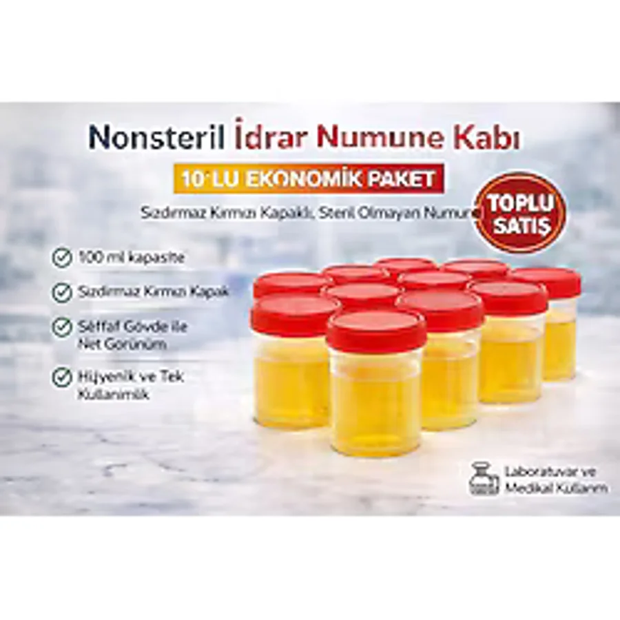 isiltikidsmoda Nonsteril Idrar Numune Kabı 100 ml Sızdırmaz Kapaklı Steril Olmayan Numune Kabı Laboratuvar ve Medikal Kullanım 10 Adet