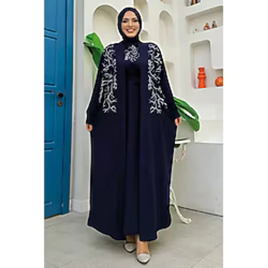 İşleme Detaylı Abaya ve Elbise Takım 8486 Lacivert