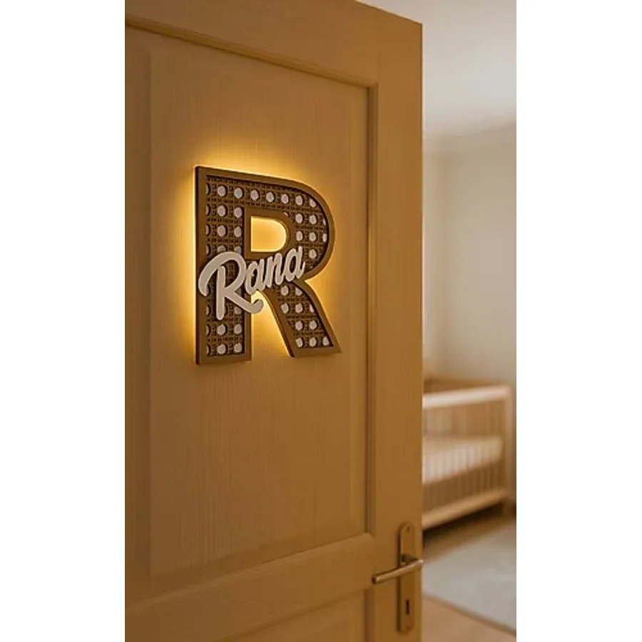 İsme Özel LED Işıklı Ahşap Harf Kapı Süsü 30 cm - Rattan, Bebek & Çocuk Odası, Hediyelik